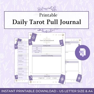 May include: A printable Daily Tarot Pull Journal in US Letter size. The design features a light purple background with floral accents and a layout for recording tarot card readings. Includes a PDF download.