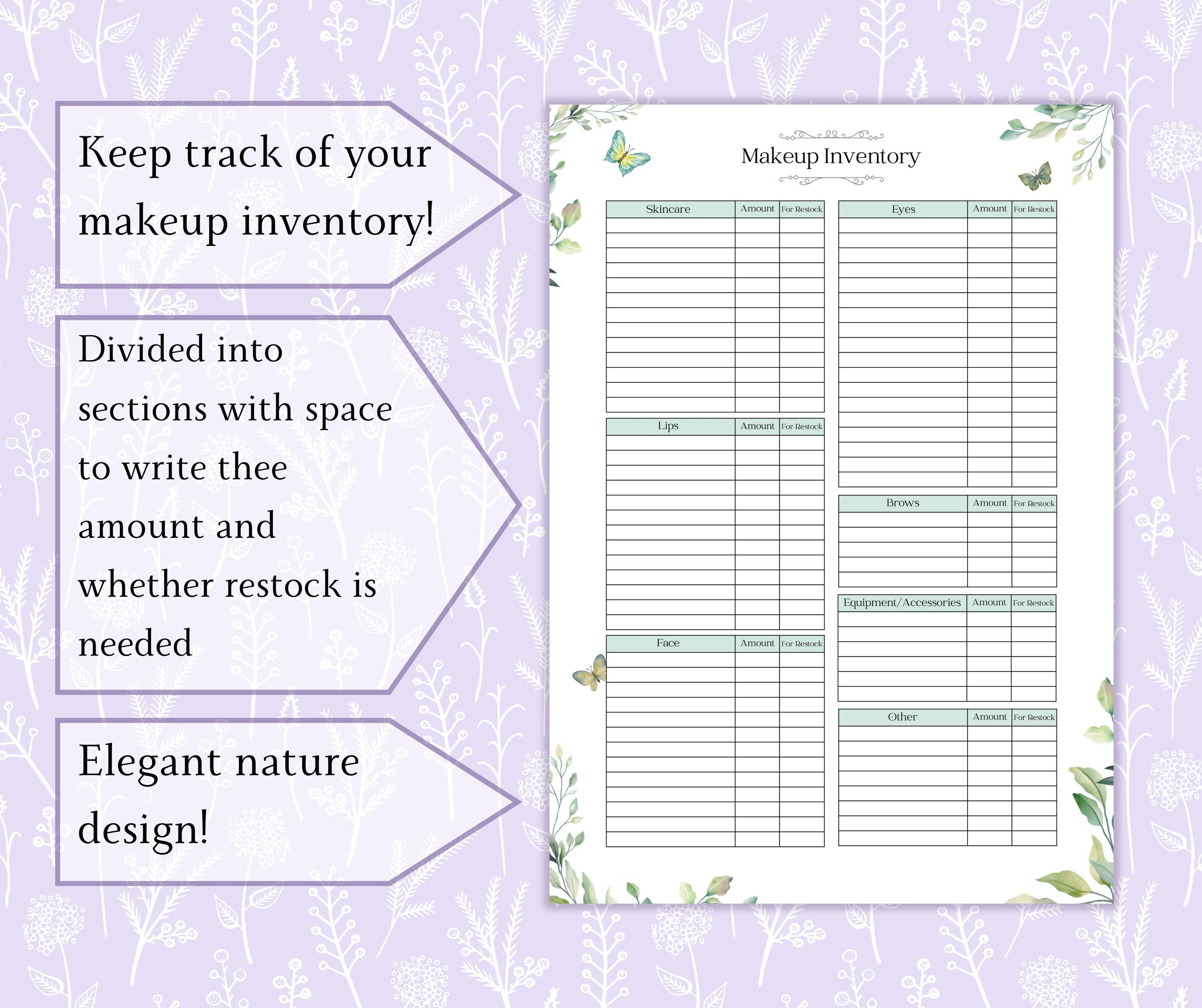 Makeup Inventory Printable PDF | Inventory Tracker | Makeup Organizer ...
