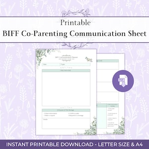 以下が含まれることがあります： 花柄のデザインが施された、印刷可能なBIFF共同育児コミュニケーションシート。日付、トピック、重要な事実、メッセージの目的のセクションが含まれています。PDFアイコンが表示されます。「INSTANT PRINTABLE DOWNLOAD - LETTER SIZE & A4」のテキストも表示されます。
