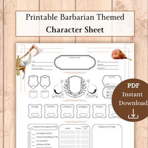 May include: Printable character sheet for a Dungeons and Dragons game, featuring a barbarian theme. The sheet has sections for character name, class, level, experience points, hit dice, death saves, strength, dexterity, constitution, intelligence, wisdom, charisma, passive perception, attack, bonus, damage type, and features and traits. The sheet is decorated with a barbarian helmet, an axe, and a shield.