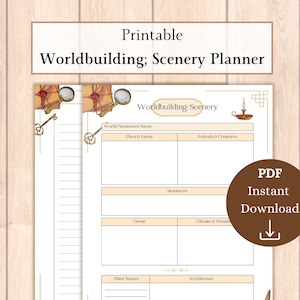 Puede incluir: Planificador de escenarios de creación de mundos imprimible con secciones para el nombre del mundo/asentamiento, flora y fauna, animales y criaturas, recursos, océano, clima y tiempo, nombres de lugares y arquitectura. El planificador tiene una estética vintage con una llave dorada y una ilustración de una vela.