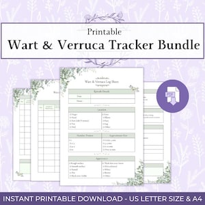 Puede incluir: Un paquete imprimible de seguimiento de verrugas con detalles de eucalipto verde. Las hojas de registro incluyen secciones para detalles del episodio, ubicación, cantidad, tamaño aproximado y apariencia, disponible en formato A4.