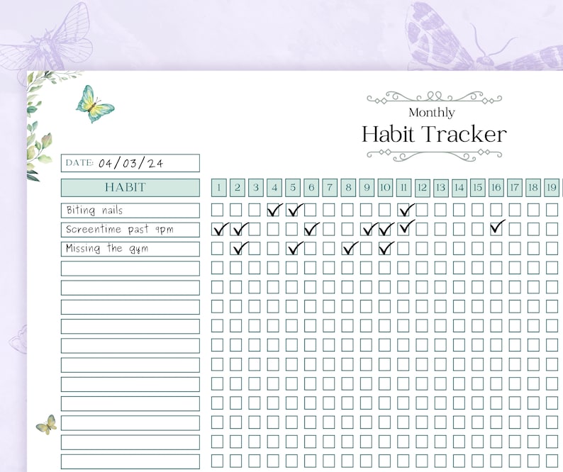 May include: A monthly habit tracker with a green and white design. The tracker has a date field, a habit list, and a grid of days for tracking habits. The date field is filled in with 04/03/24. The habit list includes "Biting nails", "Screentime past 4pm", and "Missing the gym".