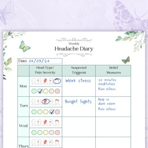 May include: A weekly headache diary with a floral design. The diary includes sections for recording the date, head type and pain severity, suspected triggers, and relief measures. The diary is dated 04/03/24.