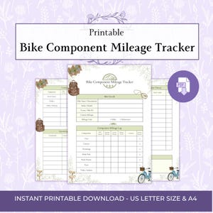 May include: A printable bike component mileage tracker document featuring sections for bike details, component mileage logs, and maintenance history. The page includes illustrations of a backpack, compass, and bicycle, with text headers like Bike Component Mileage Tracker, Bike Details, and Component Mileage Log.