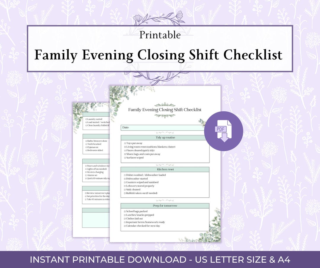 Family Evening Closing Shift Checklist Printable PDF, Night Routine ...