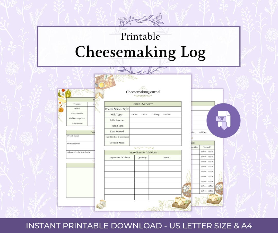 Cheesemaking Log Printable PDF, Homemade Cheese Tracker, Batch Record ...