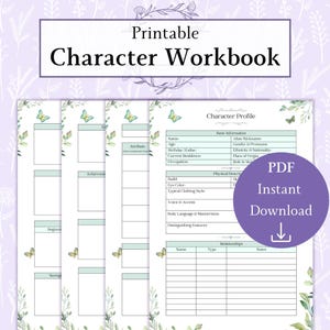 Peut inclure: Un classeur de personnage imprimable avec un motif floral vert et blanc. Le classeur comprend des sections pour les informations de base, la description physique, les relations, et plus encore.