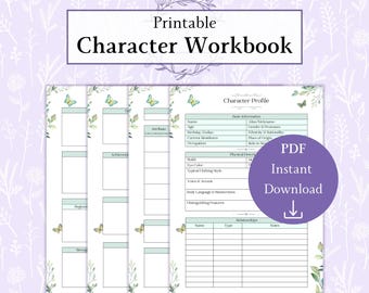 May include: A printable character workbook featuring multiple pages with a character profile template. The document includes sections for basic information, physical description, and relationships, decorated with green leaves and butterflies.
