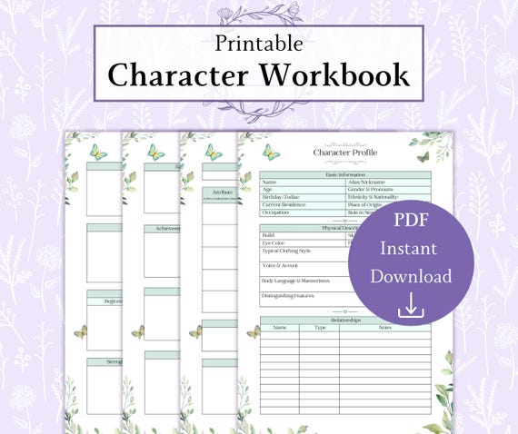 Character Workbook Sheets Printable PDF | Character Builder | Author Toolkit | Character Arc | Author Resources | Character Profile
