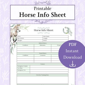 Paardeninformatieblad afdrukbare pdf | Verzorgingsinformatie dierenartsgegevens paarden | Tracker voor paardenverzorging | Dagboek paardenverzorging