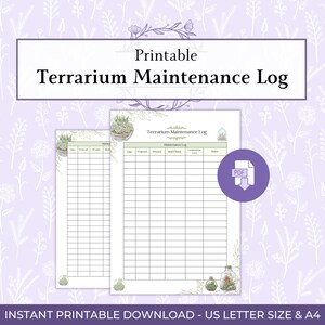 Utskrivbar PDF för underhåll av terrarium, växtvårdslogg, bevattnings- och tillväxtlogg för terrarium, loggbok för inomhusträdgård