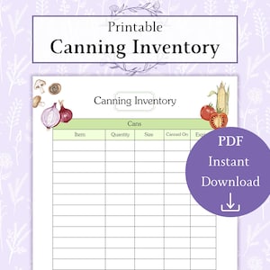 May include: Printable canning inventory checklist with columns for item, quantity, size, canned on, and expiration date. The checklist is decorated with illustrations of vegetables and mushrooms.