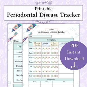 Registro de enfermedad periodontal (PDF imprimible) / Registro de enfermedades de las encías / Planificador de higiene dental / Registro de gingivitis / Diario de salud de las encías