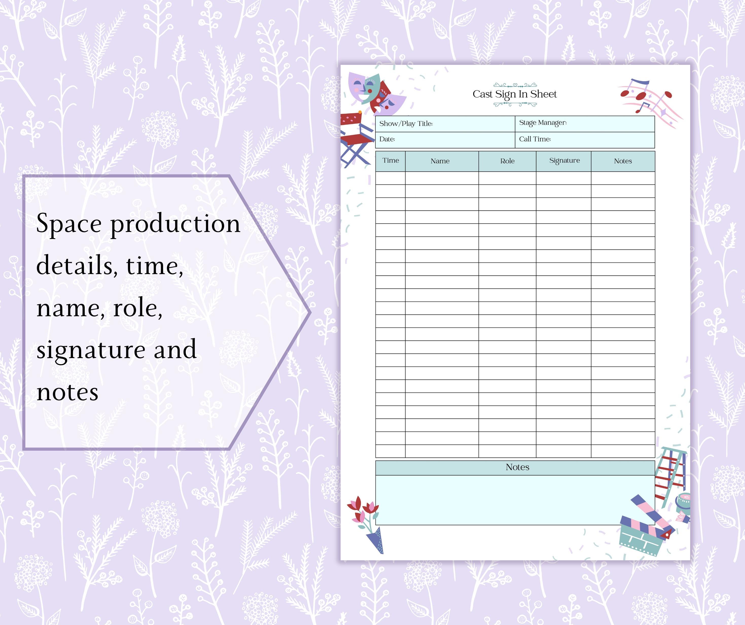Cast Sign in Sheet Printable PDF | Cast and Crew Sign in Form | Theater ...
