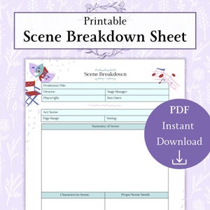 Afdrukbare pdf-bestand scènebeschrijving | Werkblad Scènestudie | Verdeling theaterscène | Uitsplitsing van fasescript