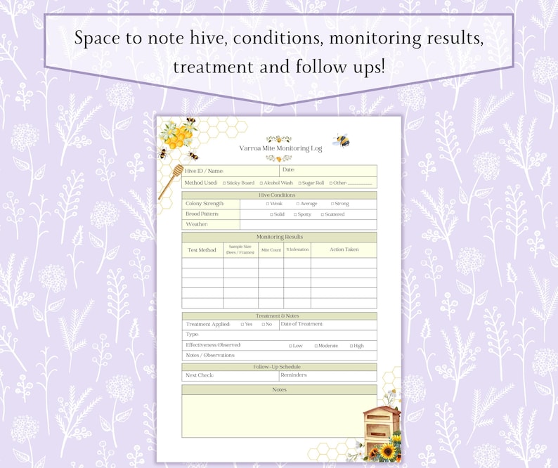 Varroa Mite Monitoring Log Sheet Printable PDF, Beekeeping Mite Tracker ...