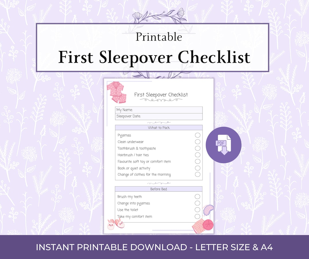 First Sleepover Checklist for Kids Printable PDF, Sleepover Packing ...