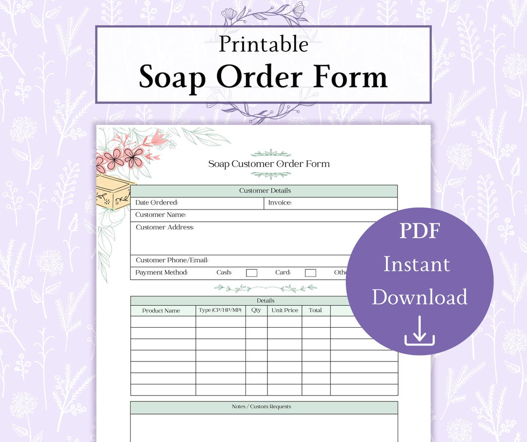 Soap Customer Order Form Printable PDF, Soap Business, Soap Maker Order ...