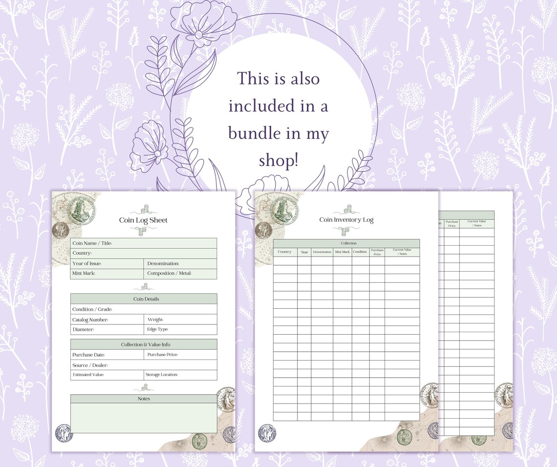 Coin Order Sheet Coin Log Sheet Printable PDF, Coin Inventory Logbook, Coin Collection ...