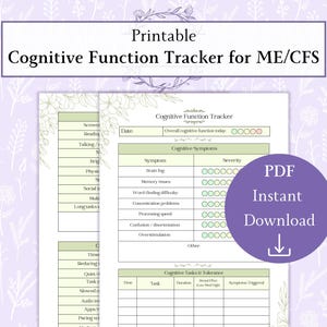 May include: Printable Cognitive Function Tracker for ME/CFS. The document features sections for tracking cognitive symptoms, tasks, and tolerance levels. A purple circle with "PDF Instant Download" text and a downward arrow is on the right.