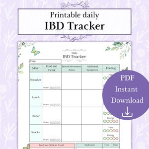 May include: Printable daily IBD Tracker, a green and white printable tracker with a butterfly graphic. The tracker includes sections for date, meal, food and drink, bowel movement notes, additional symptoms, and feeling. The feeling section has a row of circles for pain and energy levels.