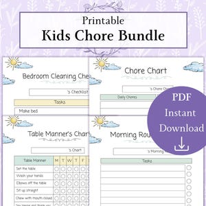 Kinderkarweienkaartbundel afdrukbare pdf | Checklist schoonmaak kinderkamer | Grafiek ochtendroutine | Tabel tafelmanieren | Takenschema
