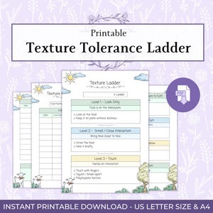 Puede incluir: Imprimible "Texture Tolerance Ladder" en un diseño suave en morado y blanco. El documento incluye secciones para los niveles de interacción con los alimentos, con ilustraciones de un sol, nubes y corderos. El texto dice "Instant Printable Download - US Letter Size & A4".