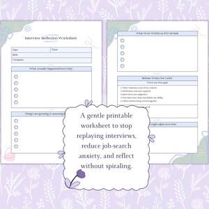 Puede incluir: Hoja de trabajo imprimible de dos p&aacute;ginas titulada "Interview Reflection Worksheet" con secciones para fecha, funci&oacute;n y empresa. La hoja de trabajo incluye indicaciones para reflexionar sobre las experiencias de la entrevista, con un fondo floral y el texto: "Una hoja de trabajo imprimible suave para dejar de repetir entrevistas, reducir la ansiedad por la b&uacute;squeda de empleo y reflexionar sin espirales."