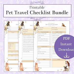 Paquete de lista de verificación para viajes de mascotas en formato PDF imprimible / Lista de viaje para perros / Información sobre el cuidado de mascotas / Lista de equipaje para viajes de mascotas / Hoja de información para mascotas