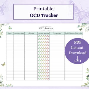 May include: Printable OCD tracker with a green and white grid, a column for date, suspected trigger, thought, distress severity, compulsion, and relief measure/distraction. The distress severity column has a scale of 10 circles with different colors to indicate severity.