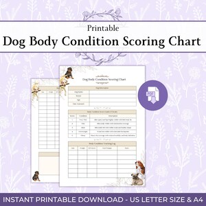 May include: Printable Dog Body Condition Scoring Chart with a floral background. The chart includes sections for dog information, body condition scoring, and a tracking log. The text "Instant Printable Download - US Letter Size & A4" is at the bottom.