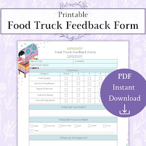 Könnte beinhalten: Druckbares Food-Truck-Feedback-Formular mit einer violetten PDF-Sofort-Download-Schaltfläche. Das Formular enthält Abschnitte für Datum, Ort und Erfahrungsbewertungen. Eine farbenfrohe Food-Truck-Illustration befindet sich in der oberen linken Ecke.