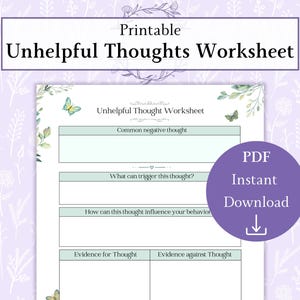Op de afbeelding: Printbare werkblaadje met een bloemenontwerp en vlinders. De werkblaadje heeft de titel "Unhelpful Thoughts Worksheet" en bevat secties voor het identificeren van veelvoorkomende negatieve gedachten, triggers en bewijs voor en tegen de gedachte.