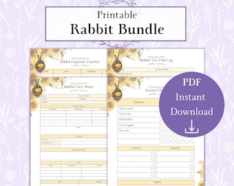 May include: Printable rabbit care bundle with four pages: Rabbit Expense Tracker, Rabbit Vet Visit Log, Rabbit Care Sheet, and Bunny Chore Chart. Each page features a yellow sunflower background with a small bird illustration.