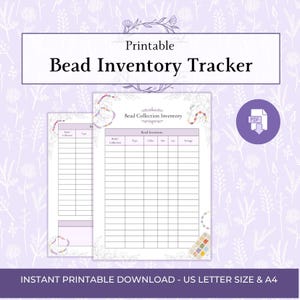 Op de afbeelding: Een printbaar kralen-inventarisatieformulier met een tabel met kolommen voor collectie, type, kleur, maat, aantal en opslag. De pagina bevat bloemillustraties en de tekst Bead Collection Inventory en Bead Inventory.