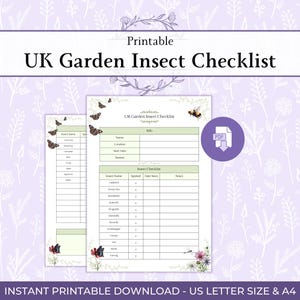 May include: A printable UK Garden Insect Checklist with a floral design. The checklist features sections for insect names, spotting, and notes. The title "UK Garden Insect Checklist" is displayed. The image also includes a PDF icon.