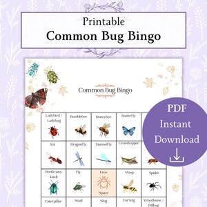 Op de afbeelding: Printbaar Common Bug Bingo spel met aquarel illustraties van verschillende insecten. Inclusief een PDF direct download. Het spel heeft een raster met insectennamen en afbeeldingen.