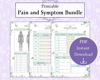 May include: A printable pain and symptom bundle featuring three pages with floral borders, butterfly accents, and tables for tracking daily symptoms, weekly pain diaries, and body charts. A purple circle displays the text PDF Instant Download.