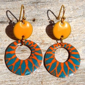 Earrings with orange and turquoise enamel and gold ear hooks