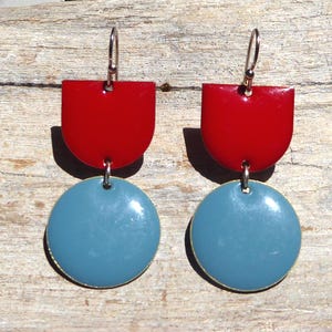 Earrings with blue and red enamel and silver hooks