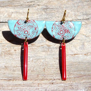 Earrings with red and turquoise enamel and gold ear hooks
