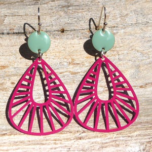 Earrings with pink and turquoise enamel and silver hooks