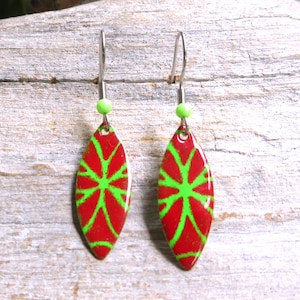 Earrings with red-green enamel and stainless steel ear hooks