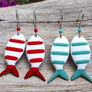 Fish, earrings with enamel in white-red and white-turquoise with stainless steel ear hooks