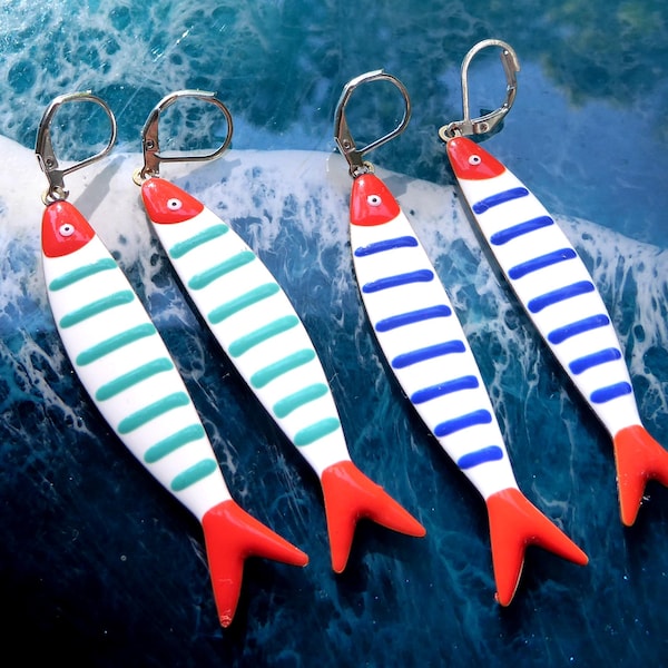 Long fish earrings with enamel in red, white, blue or turquoise with silver ear wires.