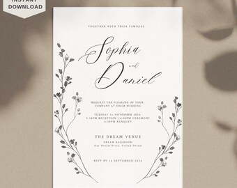 Floral Wedding Invitation Template, Aesthetic Floral Wedding Invitation Card, Minimal Luxury Wedding Invitation Template Download | SOPHIA