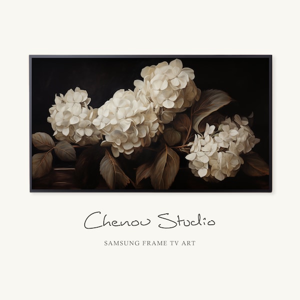 White Hydrangeas Frame TV Art, Moody Floral Samsung TV Art, Vintage Hydrangea Oil Painting, Rustic Botanical Screensaver, Instant Download