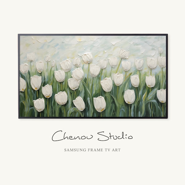 Spring Frame TV Art White Tulips | Floral Spring Samsung Frame TV | Bold Impasto Digital Art | Instant Download
