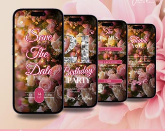 Editable 21st Birthday Invite for Girls, Pink & Silver Floral 21st Birthday Invitation Template, Rose Milestone Birthday Celebration Evite